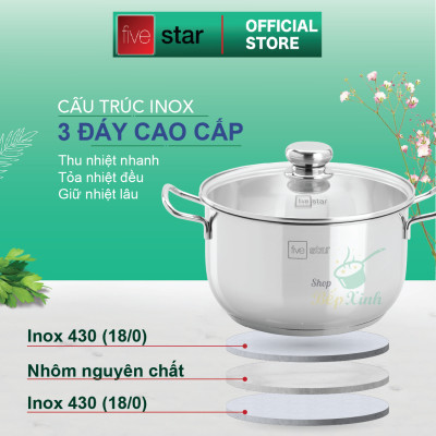 Bộ xửng hấp 3 đáy inox 430 FiveStar Standard bếp từ nắp kính tặng 10 muỗng ăn ( 26cm/28cm/30cm )
