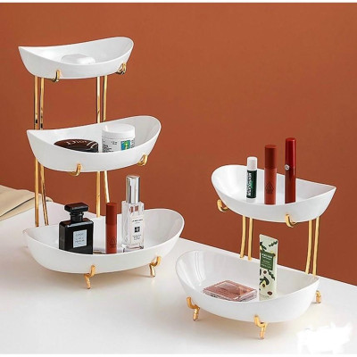 KHAY SỨ ĐỰNG BÁNH KẸO HOA QUẢ HAI TẦNG KHUNG KIM LOẠI MẠ VÀNG CAO CẤP - TRẮNG