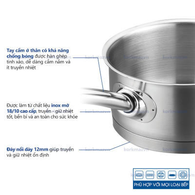 Quánh inox 18/10 Korkmaz Proline 1.5 lít không nắp - 16x7,5 cm