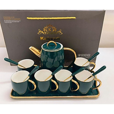 Combo bộ ấm chén,khay sứ và 6 thìa cùng màu xanh cổ vịt cao cấp pha trà cà phê