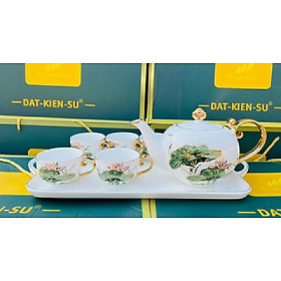 Bộ ấm chén kèm khay pha trà cà phê sứ cao cấp trắng hoa sen ( giao ngẫu nhiên tay cầm )
