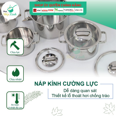Nồi inox 304 Fivestar 3 đáy quai vuông nắp kính,dùng được bếp từ ,tặng 5 muỗng (16cm / 18cm / 20cm / 24cm )