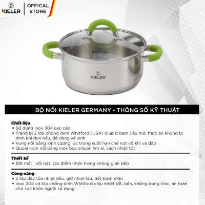 Nồi Inox 5 đáy KIELER đáy từ 22cm nấu nhanh, tiết kiệm điện, có 2 lớp chống dính Whitford ít bám dầu mỡ RW1003-22 - Hàng Chính Hãng