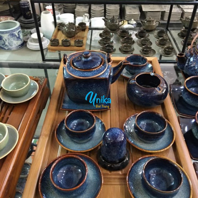 Bộ Ấm trà Vuông Men Xanh Hoả Biến ACTX5 Cao Cấp - Bộ ấm chén trà gốm sứ Bát Tràng