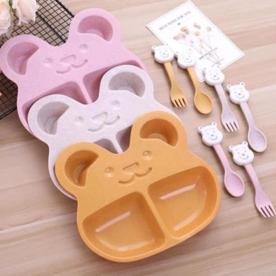 Bộ Khay Ăn Dặm Cho Bé 2 Ngăn Hình Gấu (kèm Muỗng, Nĩa) - hàng cao cấp