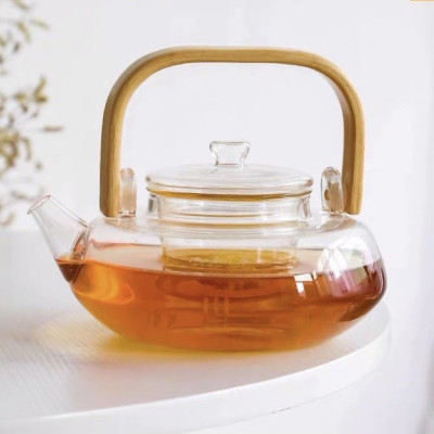 BỘ ẤM CHÉN PHA TRÀ THỦY TINH TAY GỖ KÈM KHAY TRE - ANTH680