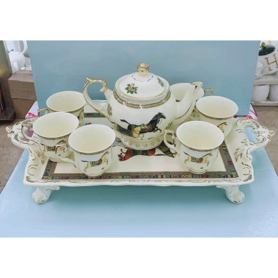 BỘ ẤM CHÉN SỨ HỌA TIẾT NGỰA THẤP PHONG CÁCH HOÀNG GIA KÈM KHAY VIỀN VÀNG CAO CẤP