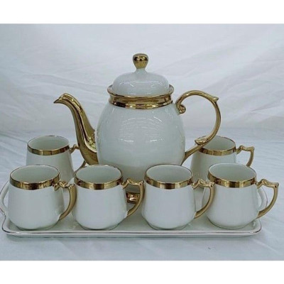 BỘ ẤM CHÉN KÈM KHAY SỨ PHA TRÀ CÀ PHÊ TRẮNG VIỀN VÀNG ẤM BẦU CAO ( GIAO NGẪU NHIÊN MẪU CHÉN )
