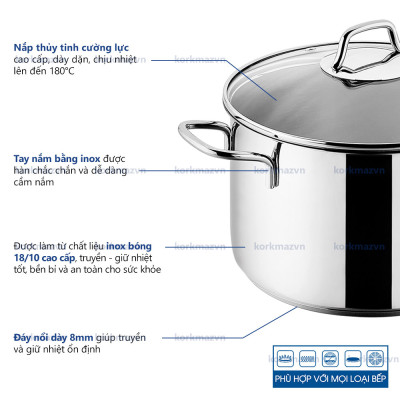 Nồi inox 18/10 thân cao Korkmaz Perla 7.8 lít - 24x17 cm