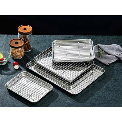 Khay Nướng Inox 304 Dày Dặn Kèm Vỉ Hấp Hình Chữ Nhật Dùng Nướng Bánh, Thực Phẩm - HÀNG CHÍNH HÃNG MINIIN