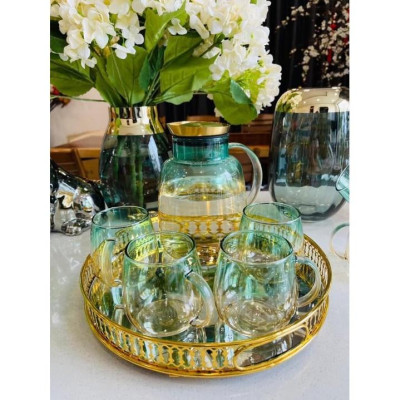 Bộ bình đựng nước uống thủy tinh chịu nhiệt cao cấp kèm khay tráng gương