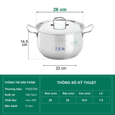 Nồi Fivestar Nắp Inox - Tặng 5 Muỗng Ăn Inox - Bạc