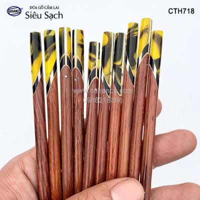 Đũa gỗ Cẩm lai đầu cẩn thạch chéo vân kẻ vàng (10 đôi/Hộp) CTH718 - Sang trọng trên bàn ăn - An toàn cho sức khỏe