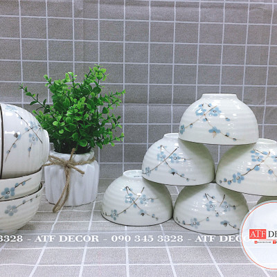 Bộ bát đĩa men kem Bát Tràng cao cấp vẽ đào xanh