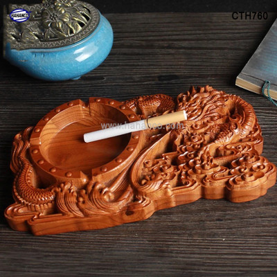 Gạt Tàn Gỗ Hương Nguyên Khối Đục Khắc Rồng Lửa Siêu Dày 5 Cm (CTH760) Size To Nhất - Gạt tàn sản xuất thủ công cao cấp