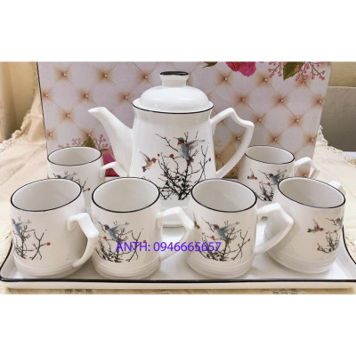 Bộ ấm chén kèm khay sứ pha trà trắng họa tiết cây và chim