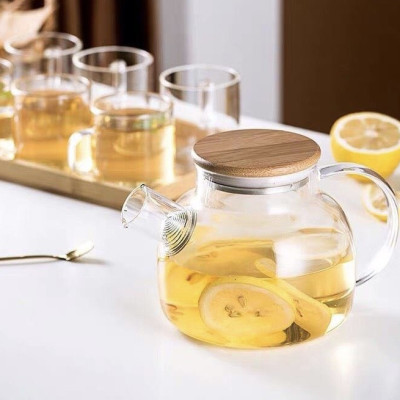 Bộ bình trà thủy tinh nắp gỗ  6 cốc kèm khay tre - ANTH591