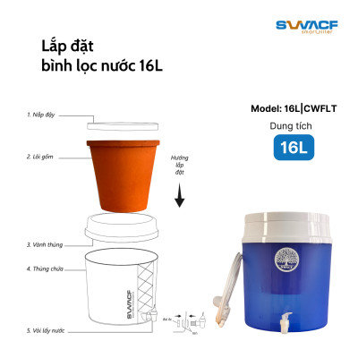 Bình lọc nước uống trực tiếp SWACF 16L | CWFLT Nano bạc, lõi lọc 7L, tốc độ lọc 2 - 4 lít/giờ, giữ khoáng thiết yếu - Công nghệ Mỹ