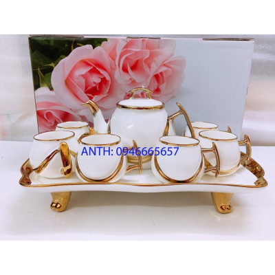BỘ ẤM CHÉN TAY VUÔNG KÈM KHAY SỨ CÓ CHÂN PHA TRÀ CÀ PHÊ TRẮNG VÀNG PHONG CÁCH HOÀNG GIA SANG TRỌNG