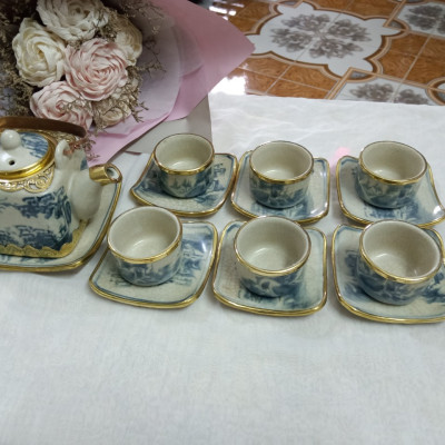 Bộ ấm chén men rạn cổ bọc đồng gốm sứ Bát Tràng