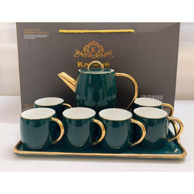 Bộ ấm chén kèm khay sứ xương cao cấp màu xanh 