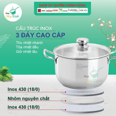 Nồi inox Fivestar 3 đáy từ nắp kính 26cm , tặng 2 muỗng canh