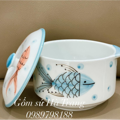 Thố chưng yến gốm sứ Bát Tràng cao cấp vẽ tay hoạ tiết cá dung tích 600ml