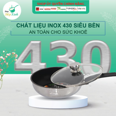 Chảo inox chống dính sâu lòng có nắp kính cao cấp Fivestar 24cm , 26cm  , tặng 1 sạn dừa , tay cầm cách nhiệt