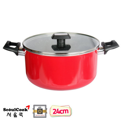 Combo 2 món cao cấp Hàn Quốc, nồi chống dính vân đá Kimscook, quai chống nóng, nắp kính cường lực viền inox size 24 cm và Chảo đúc chống dính Ecoramic Megastone cao cấp sâu lòng màu mận tím 28 cm, dùng bếp gas, hồng ngoại, ...  Hàng chính hãng