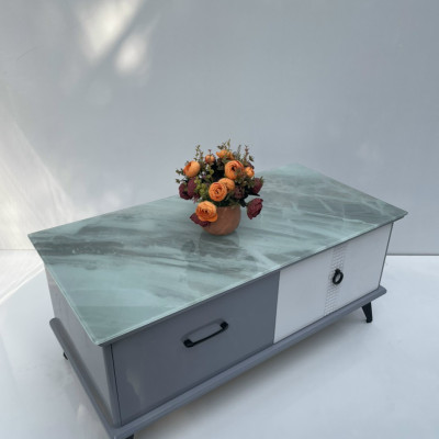 Bàn trà mặt kính vân xanh mẫu mới 2023 Tundo KT50x100x45cm