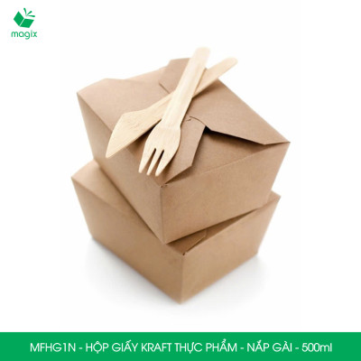 MFHG1N - 25 hộp giấy kraft thực phẩm 500ml, hộp giấy nắp gập màu nâu đựng thức ăn, hộp giấy nắp gài gói đồ ăn mang đi 