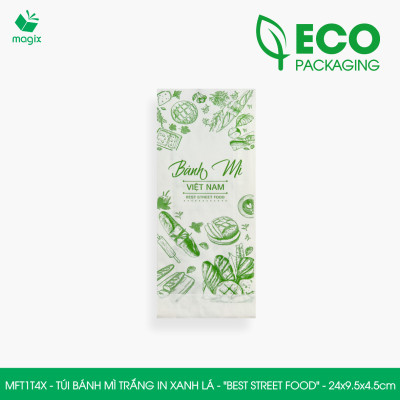 MFT1T4X - 24x9.5x4.5 cm - 100 Túi bánh mì Trắng, in sẵn họa tiết BEST STREET FOOD - Bao bánh mì Túi giấy thực phẩm an toàn
