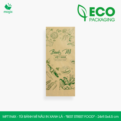 MFT1N4X - 24x9.5x4.5 cm - 100 Túi bánh mì Nâu, in sẵn họa tiết BEST STREET FOOD - Bao bánh mì Túi giấy thực phẩm an toàn