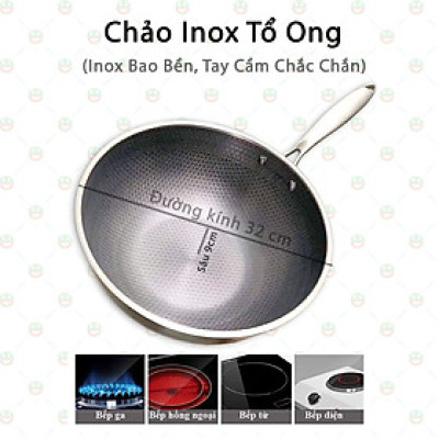 [Loại Tốt] Chảo Inox KhoNCC Hàng Chính Hãng - Vân Tổ Ong 32cm Sâu Lòng 9cm Cực Kỳ Chắc Chắn - KLVQ-4713-CHAO