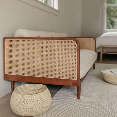 Sofa Mây Rattan Văng Bọc Vải Nỉ Hiện Đại. Sofa gỗ kết hợp đan mây tự nhiên, bọc vải, nỉ, da, màu tùy chọn.