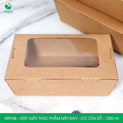 MFH3B - 1200ml - 25 hộp giấy kraft đựng thực phẩm, hộp giấy đựng thức ăn có cửa sổ, hộp đựng cơm