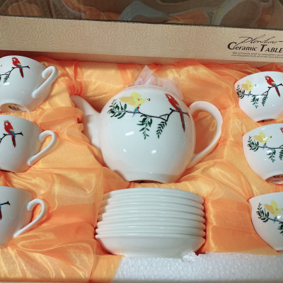 BỘ ẤM CHÉN PHA TRÀ KÈM 7 ĐĨA TRẮNG CHIM ĐỎ - ANTH246