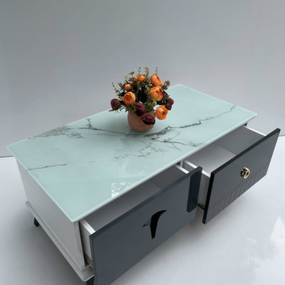 Bàn trà mặt kính vân xanh mẫu mới 2023 Tundo KT50x100x45cm