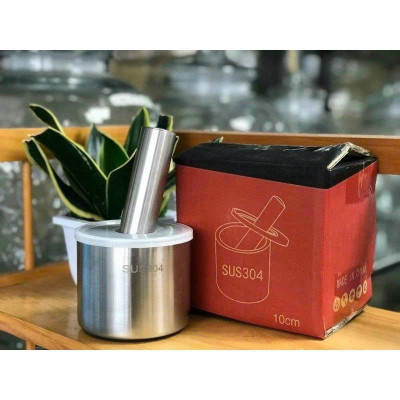Cối Chày Inox 304 Cao Cấp , Đâm Tiêu , Giã Tỏi, Giã Cua, Có Nắp Đậy, Đế Chống Trượt , Size 10cm 