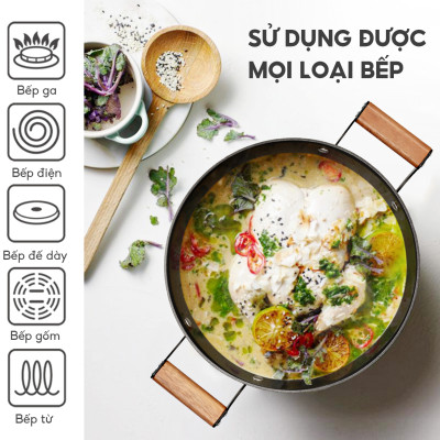 Nồi gang chống dính đa năng Lebenlang LBL2526, size 28, 5.6L, nắp kính tay cầm gỗ dùng mọi loại bếp - hàng chính hãng