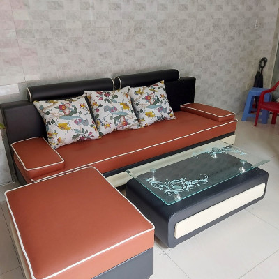 Bộ sofa văng Juno Sofa 2m2 kèm đôn 60 x 80 cm và tặng bàn Kính (màu cam) 