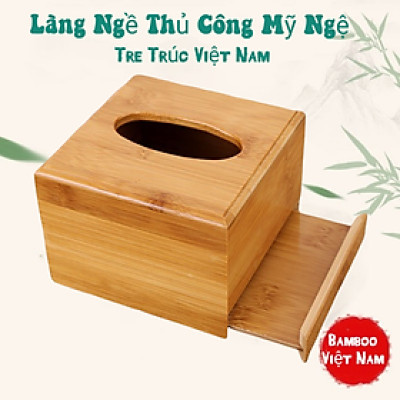 Hộp Khăn Giấy Bằng gỗ Tre có khay kéo tiện lợi ( Tặng kèm 1 khăn lau bàn trà) Màu vẫn gỗ tre rất đẹp - Hàng Việt nam