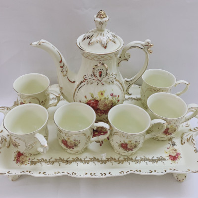 Bộ bình trà sứ phong cách hoàng gia cổ điển màu trắng ngà họa tiết hoa Mẫu Đơn