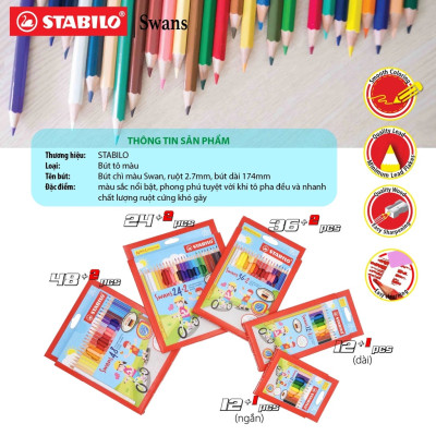 Bộ 12 hộp bút chì màu tẩy xóa được STABILO Swans 12 ngắn/12 dài/24/36/48 màu - 24 màu (24+2)