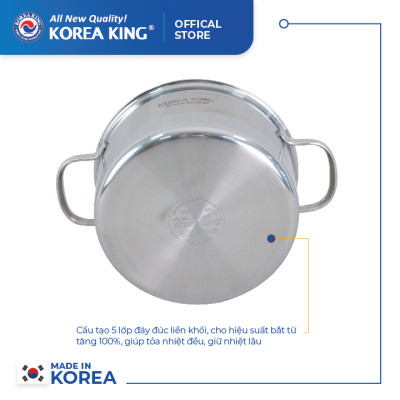 KP-18S5PLY Nồi inox 5 lớp đáy liền Korea King (Nồi, nắp đều bằng inox, đường kính 18cm, dung tích 2L)-Hàng chính hãng