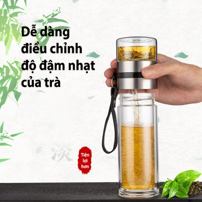 Bình Pha Trà Thuỷ Tinh 2 Lớp Cách Nhiệt Có Lõi Lọc Inox Chịu Nhiệt Cao Dung Tích 450ml Cầm Tay Tiện Lợi - HÀNG CHÍNH HÃNG MININ