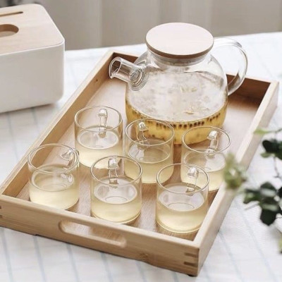 Bộ bình trà thủy tinh nắp gỗ  6 cốc kèm khay tre - ANTH591