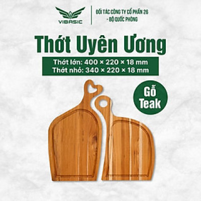 Bộ thớt Uyên Ương gỗ Teak kháng khuẩn không mùn dăm Vibasic 40x22x1.8cm và 34x22x1.8cm, cắt thái và trang trí món ăn