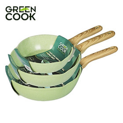 Combo 3 chảo nhôm sâu men đá ceramic miệng rót Green Cook GCP231 màu xanh 10 lớp chống dính