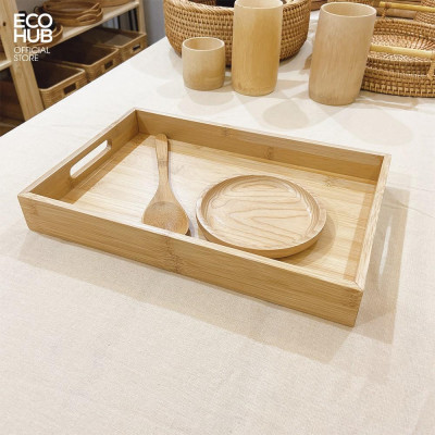 Khay gỗ Tre phục vụ chữ nhật có tay cầm, Nhiều Kích thước (Tre VN), Cứng cáp (Bamboo serving tray) | EH023
